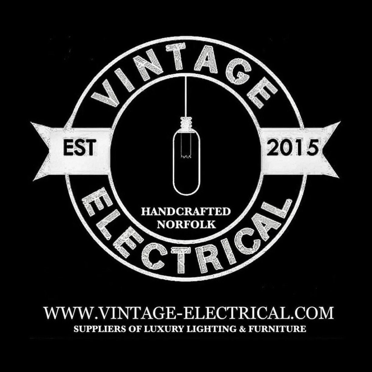 Vintage electrical logo with est 2015 and handcrafted norfolk around hanging light bulb for genuine solid copper lamp