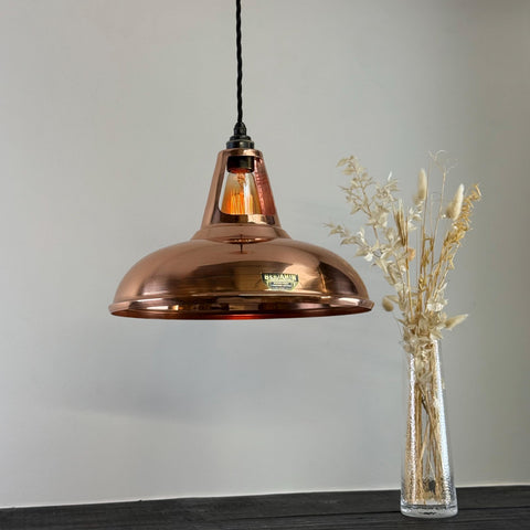 Cawston xl solid copper industrial pendant light with genuine solid copper slotted lampshade and warm vintage bulb