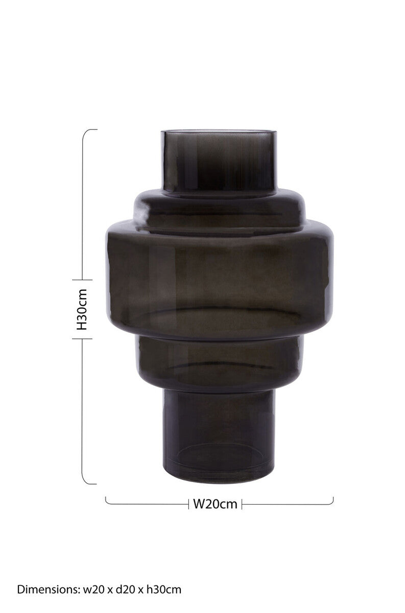 Cayden small black smoked glass vase with a sleek tiered design and smooth rounded edges in dark gray