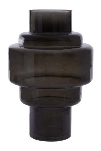 Small black smoked glass vase with dark gray translucent stacked geometric tiered design cayden small black smoked