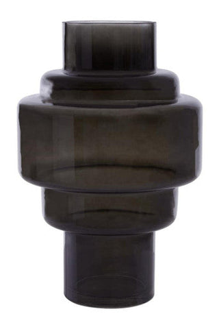 Small black smoked glass vase with dark gray translucent stacked geometric tiered design cayden small black smoked