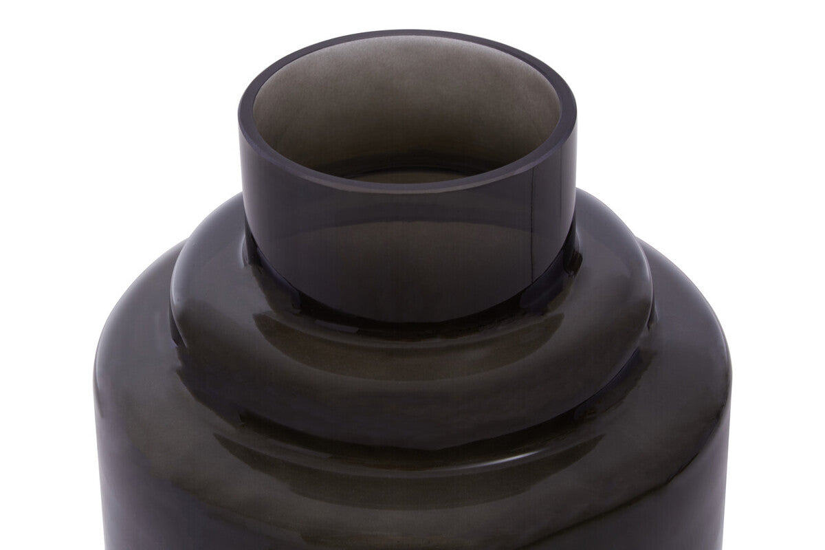 Dark gray small black smoked glass vase with smooth rounded neck and subtle concentric ridges cayden small model