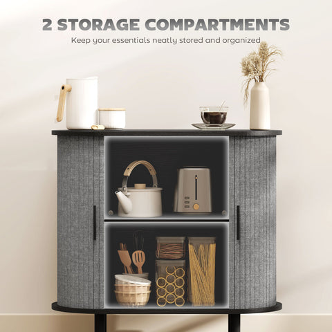 HOMCOM Tambour Sideboard with Fluted Sliding Doors, Modern Kitchen Cupboard with Storage Shelves and Wooden Legs, Grey