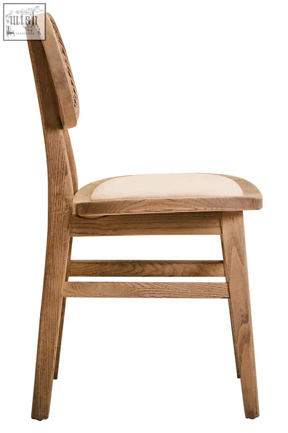 Light oak elm wood dining chair with woven cane backrest and cream fabric seat in grey wash finish