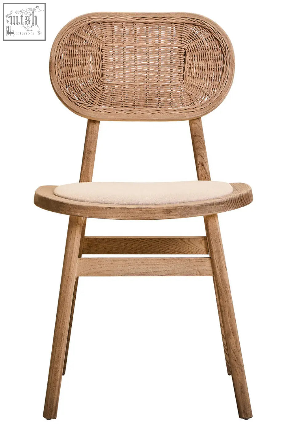 A light brown wicker dining chair with beige fabric cushion and grey wash elm wood legs perfect for dining