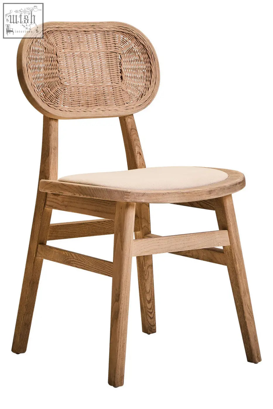 A light wood dining chair with woven cane backrest and cream seat in grey wash elm wood finish