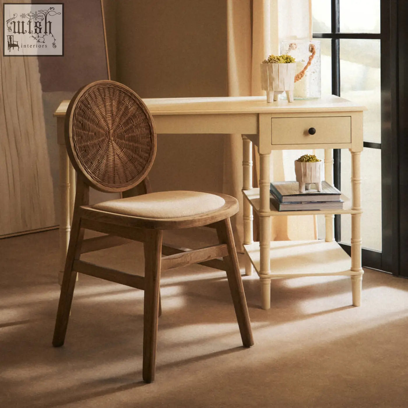 Rustic dining chair with white wash elm wood frame, beige fabric seat, and woven wicker backrest
