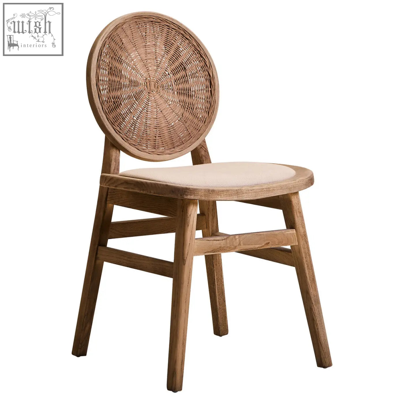 Rustic dining chair with circular woven rattan back, beige fabric seat, and white wash elm wood frame