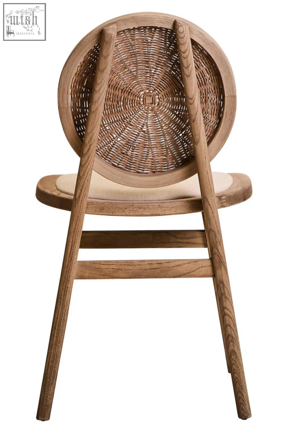 Rustic cebu beige fabric dining chair with woven rattan back and white wash elm wood frame and cushioned seat