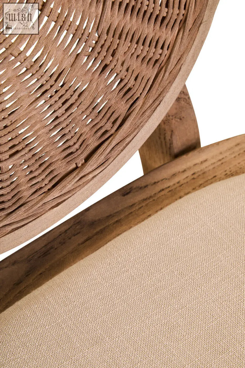 Beige fabric dining chair with woven rattan seat and white wash elm wood natural frame for dining room