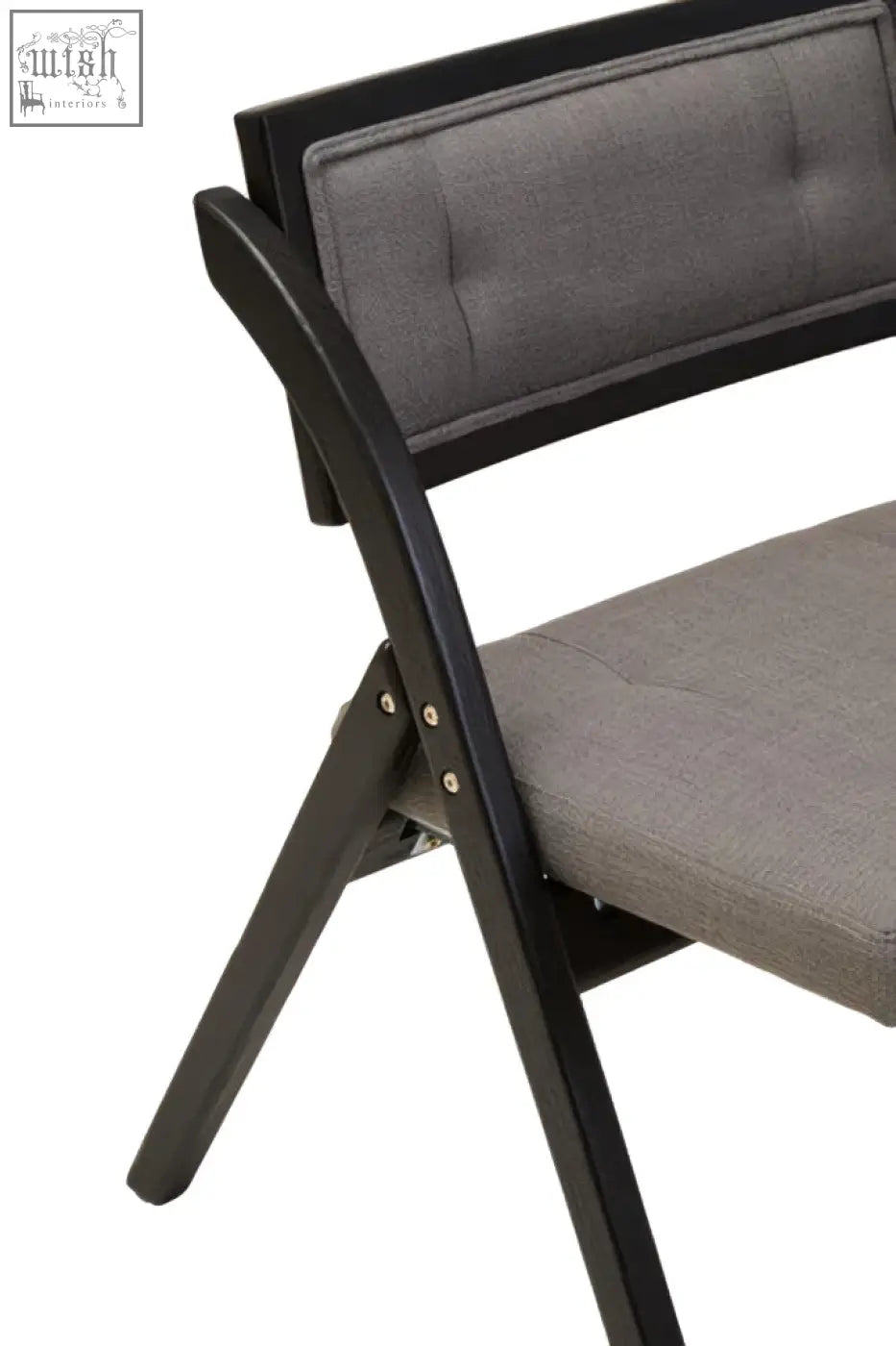Black elm wood folding chair with gray upholstered seat and backrest in a sleek black elm frame