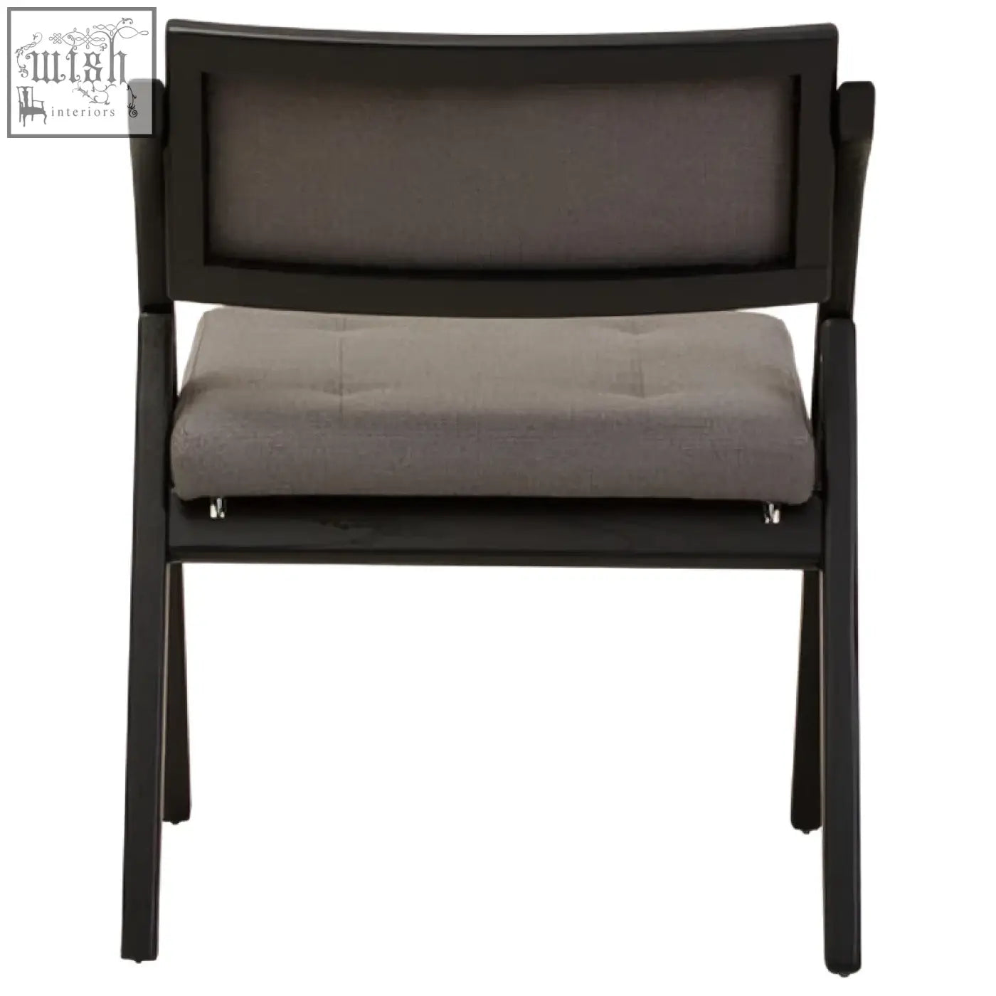 Black elm wood folding chair with a black frame gray mesh back and gray upholstered seat cushion