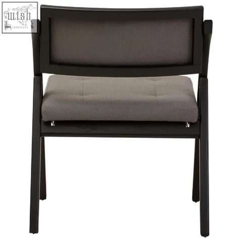 Black elm wood folding chair with a black frame gray mesh back and gray upholstered seat cushion