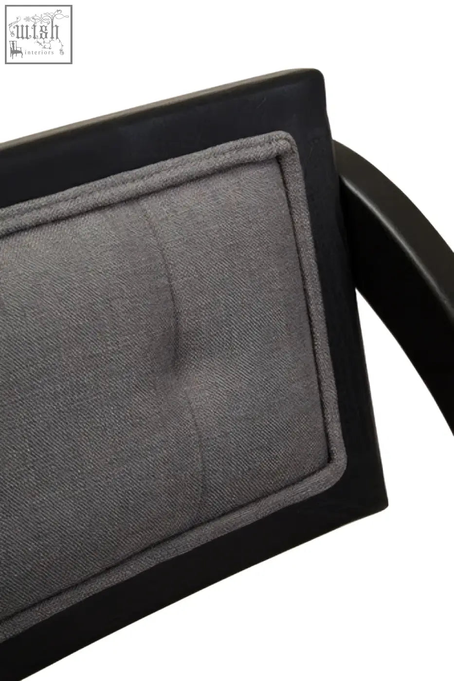 Gray tufted fabric cushion on black elm wood frame of cebu grey and black elm wood folding chair