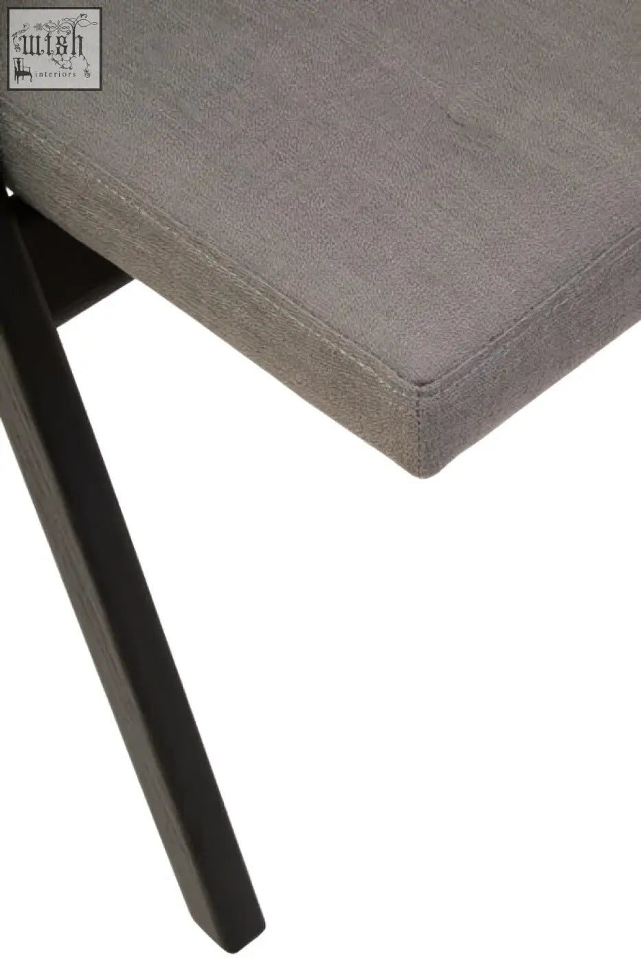 Gray upholstered folding chair with black elm wood legs in a sleek modern design for easy storage