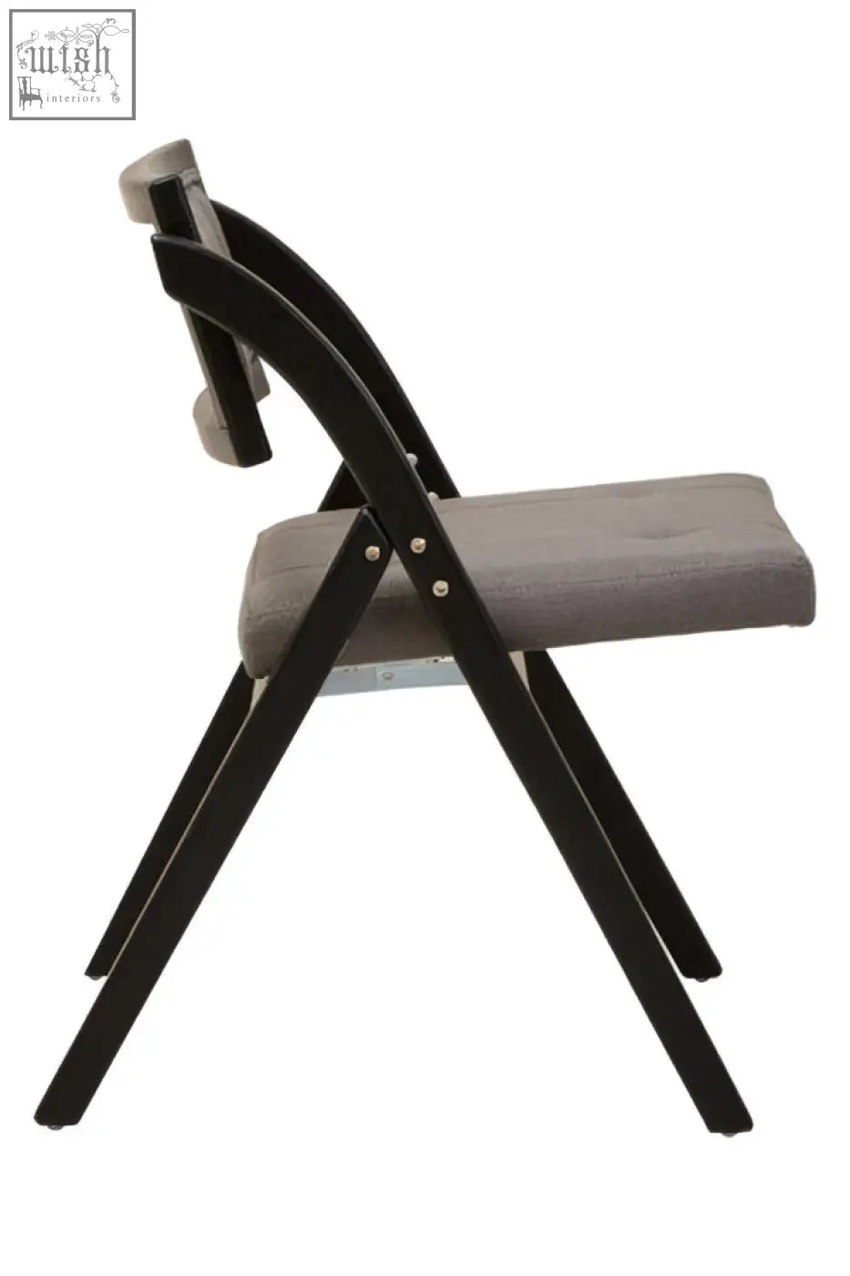 Black metal folding chair with gray upholstered seat and backrest featuring black elm wood frame for folding use