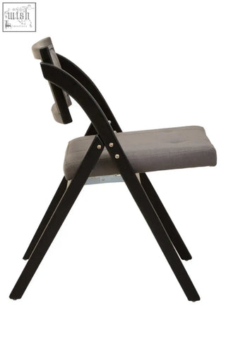 Black metal folding chair with gray upholstered seat and backrest featuring black elm wood frame for folding use