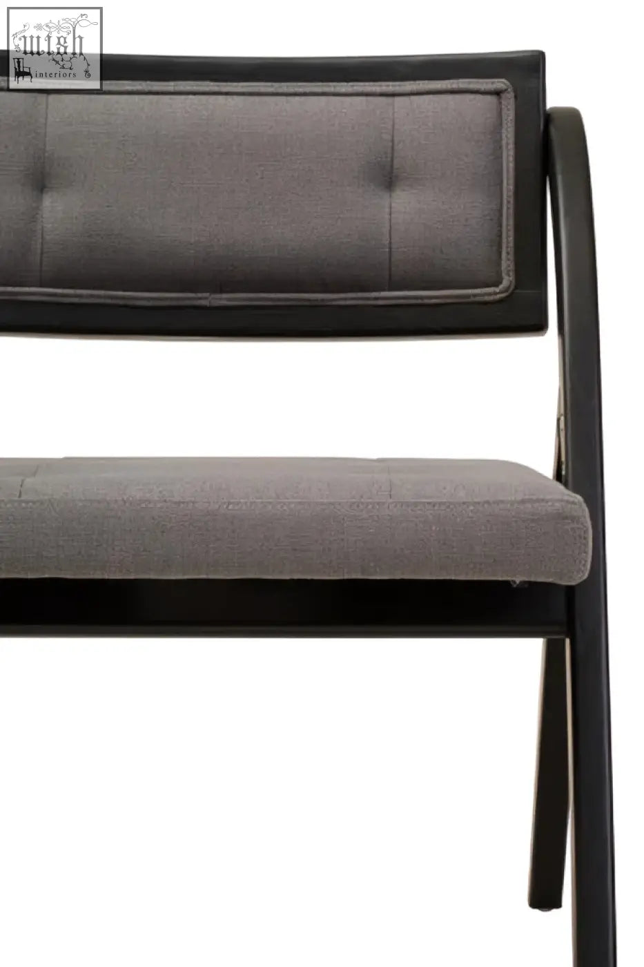 Modern black-framed bench with tufted gray fabric upholstery made of black elm wood from the cebu collection