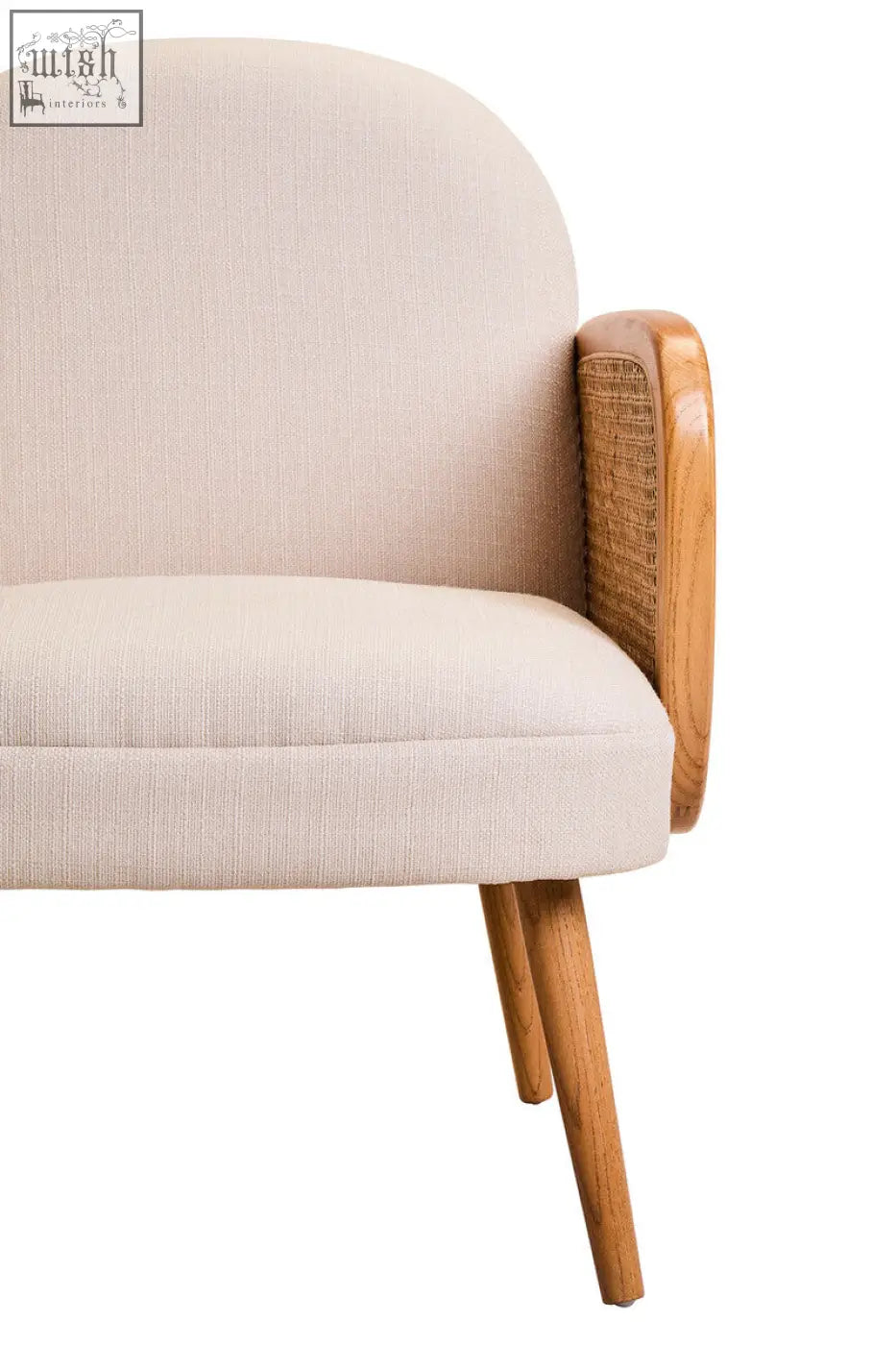 Beige upholstered cebu ivory fabric and cane chair with woven cane backrest and elm wood legs for comfortable seating