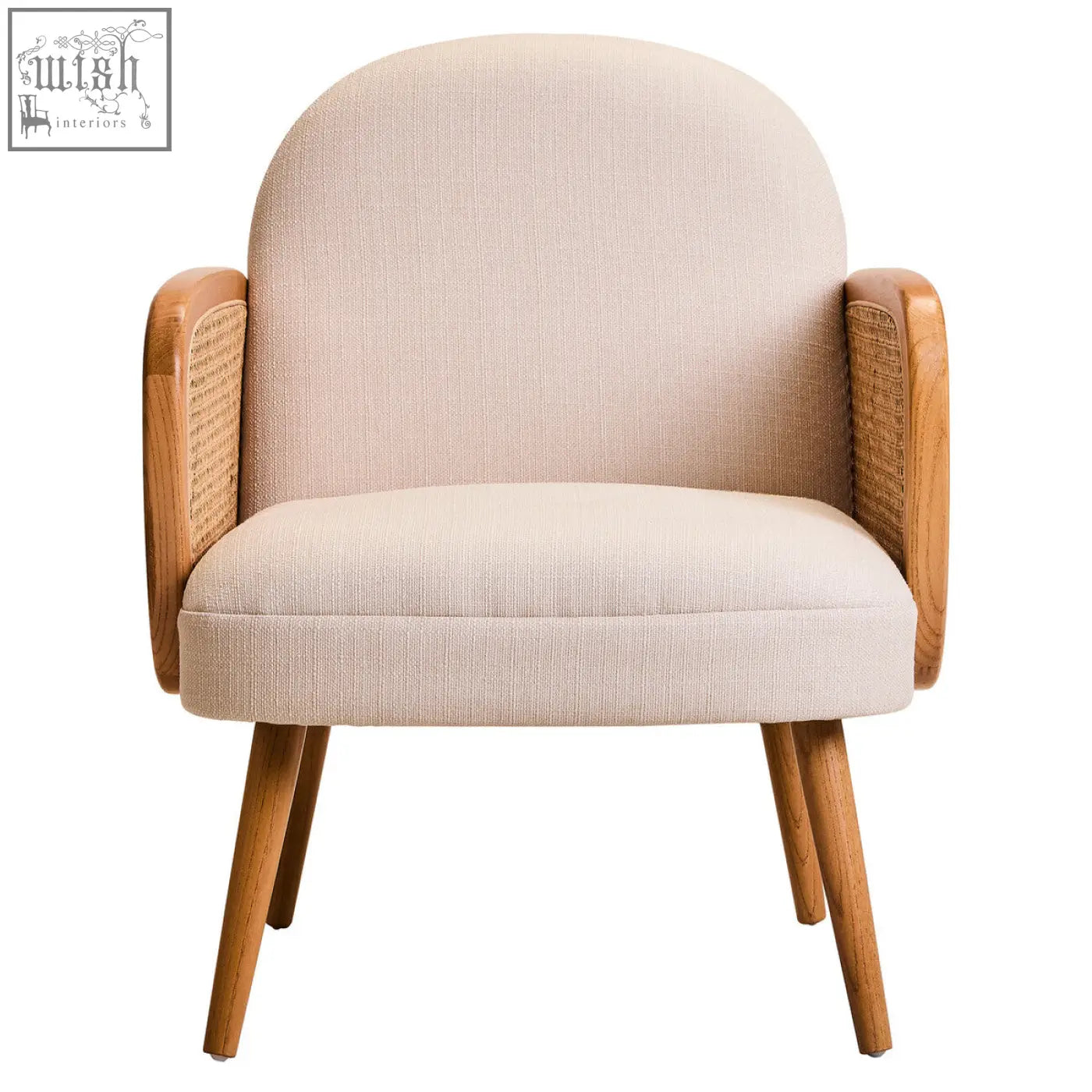 Beige upholstered cebu chair with ivory fabric, elm wood legs, and cane accents for comfortable seating