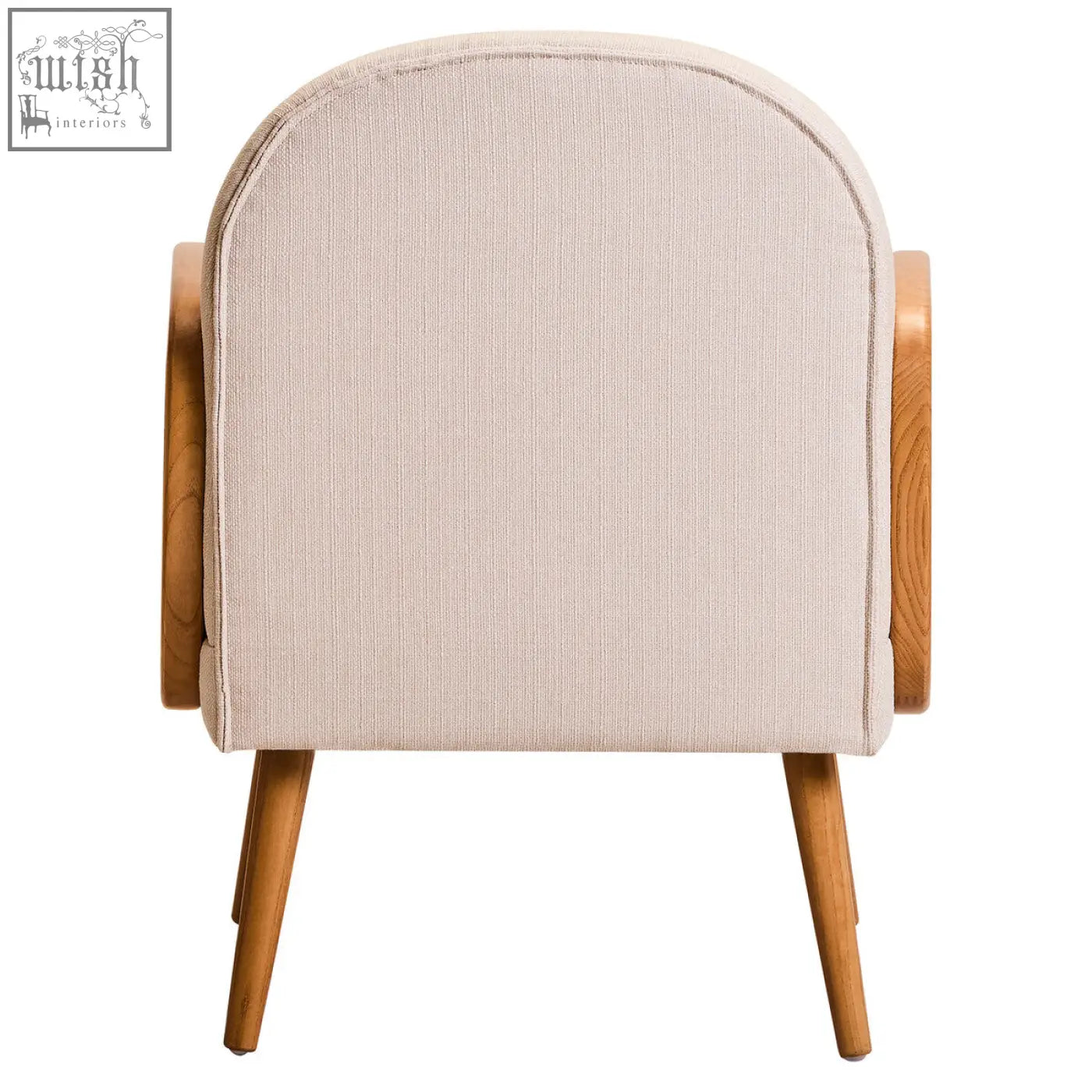 Beige upholstered cebu ivory fabric and cane chair with elm wood legs offering comfortable seating and curved arms