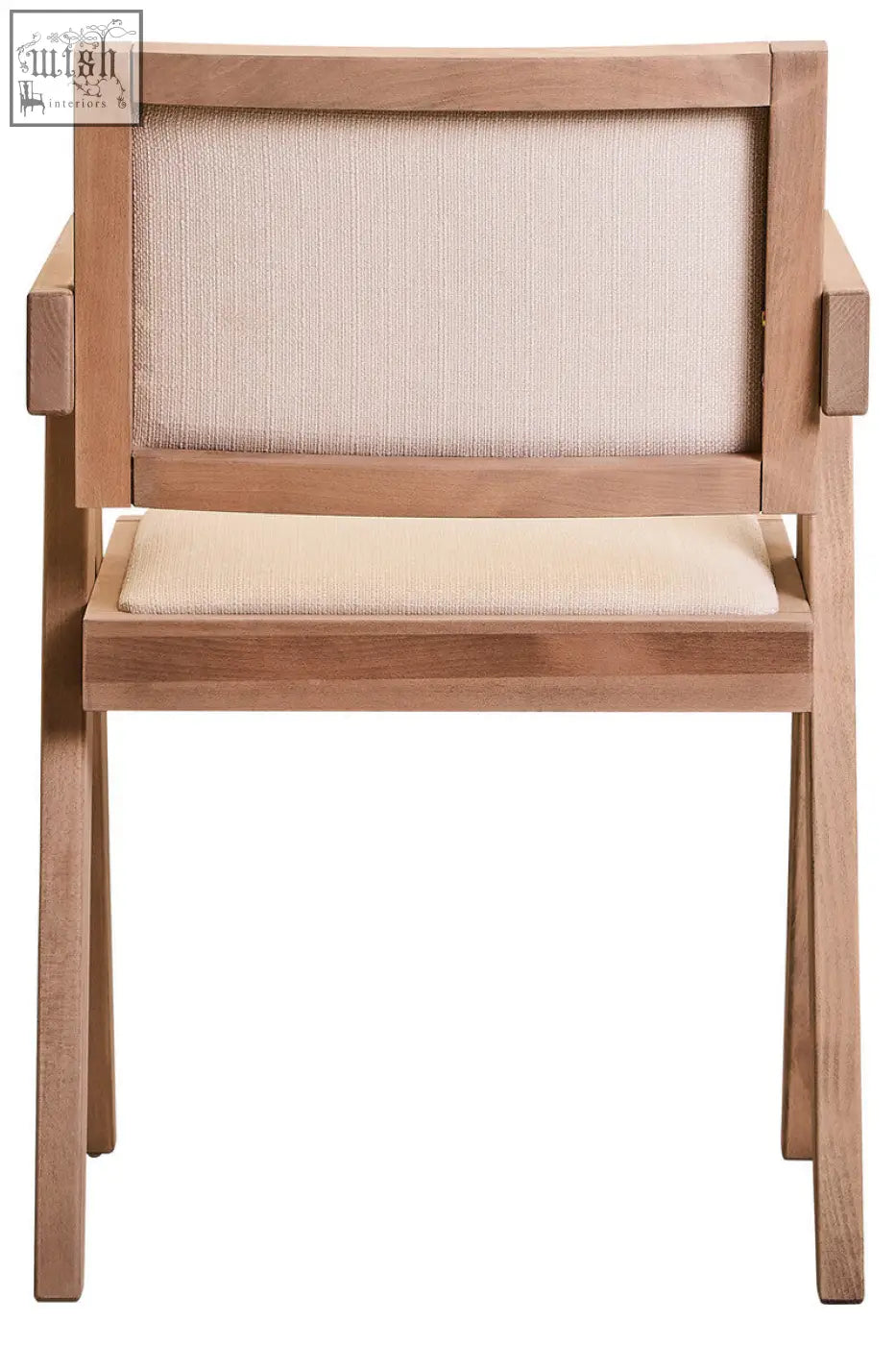Minimalist wooden armchair with light beige ivory fabric and grey wash beech wood frame with clean lines and sturdy build