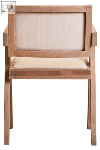 Minimalist wooden armchair with light beige ivory fabric and grey wash beech wood frame with clean lines and sturdy build