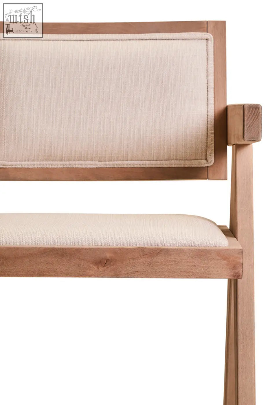 Minimalist dining chair with grey wash beech wood frame and ivory fabric seat and backrest showing natural wood grain