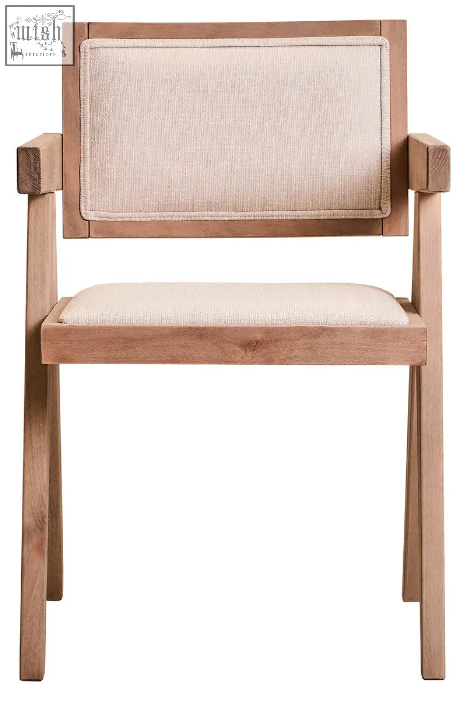 Minimalist dining chair with ivory fabric seat and grey wash beech wood frame in natural tones