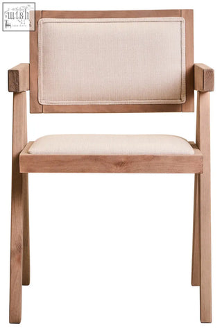 Minimalist dining chair with ivory fabric seat and grey wash beech wood frame in natural tones