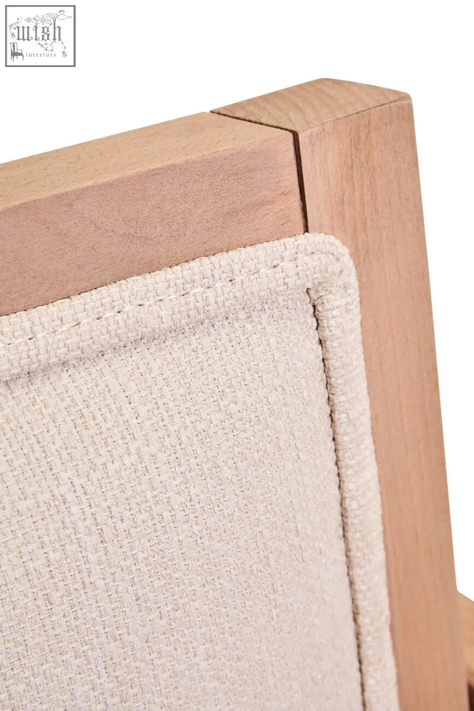 Beige fabric cushion on a grey wash beech wood frame cebu ivory fabric dining chair