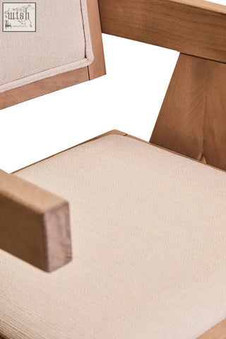 Beige cushioned seat dining chair with grey wash beech wood frame for stylish and comfy dining room seating