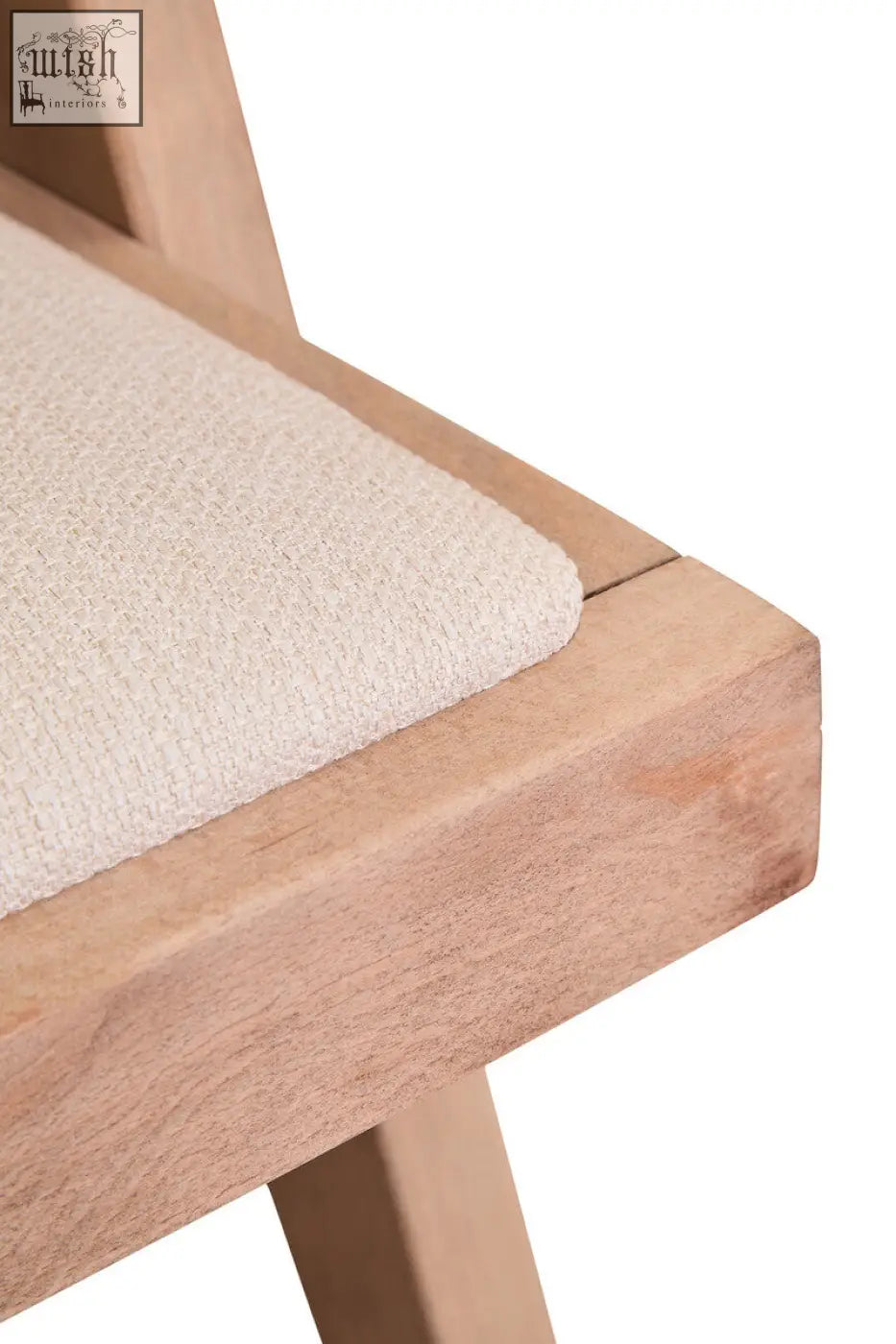 Light wood dining chair with beige woven fabric seat cushion and grey wash beech wood frame