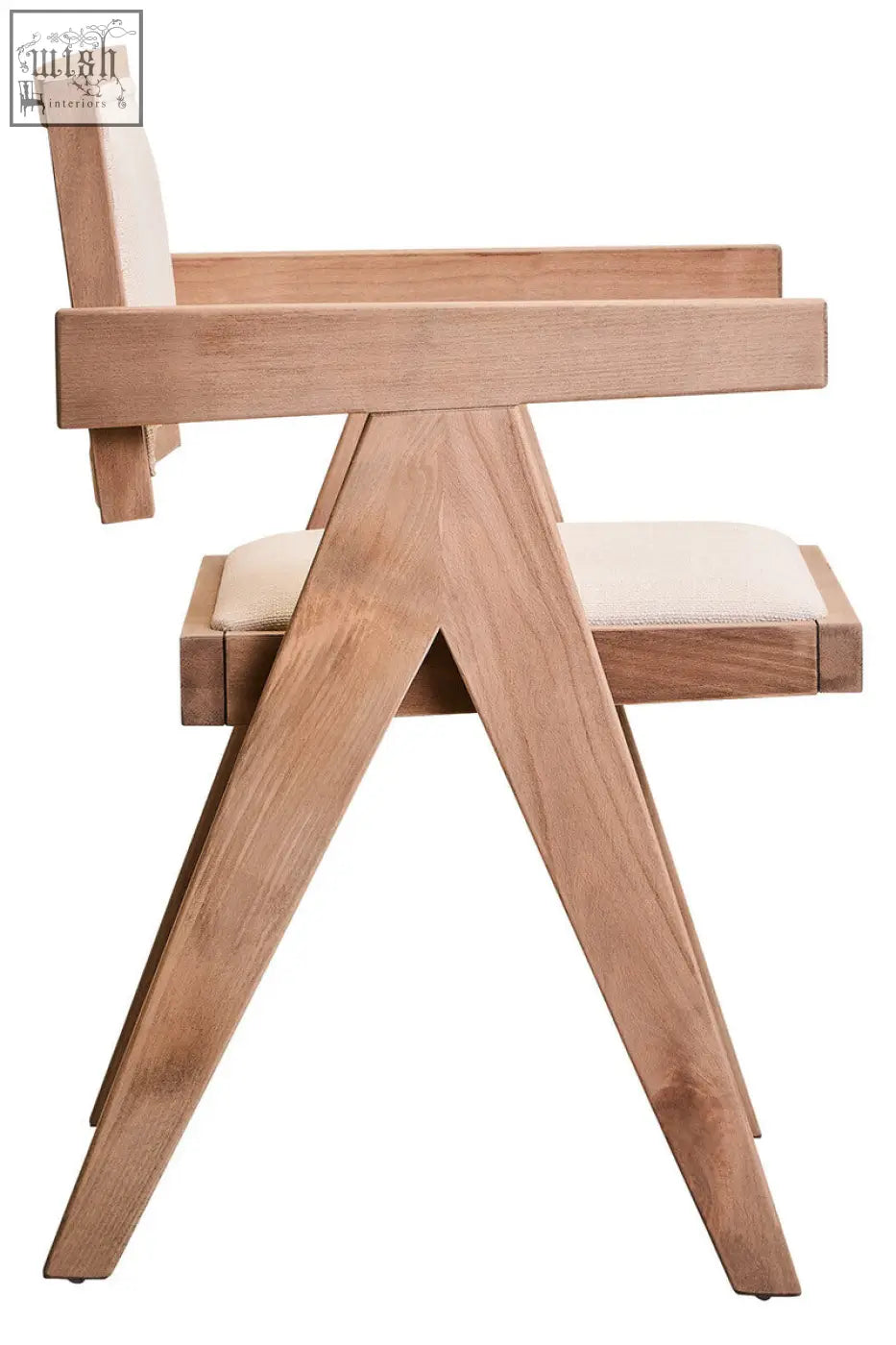 Light wood pierre jeanneret-style dining chair with cream upholstery and grey wash beech wood frame