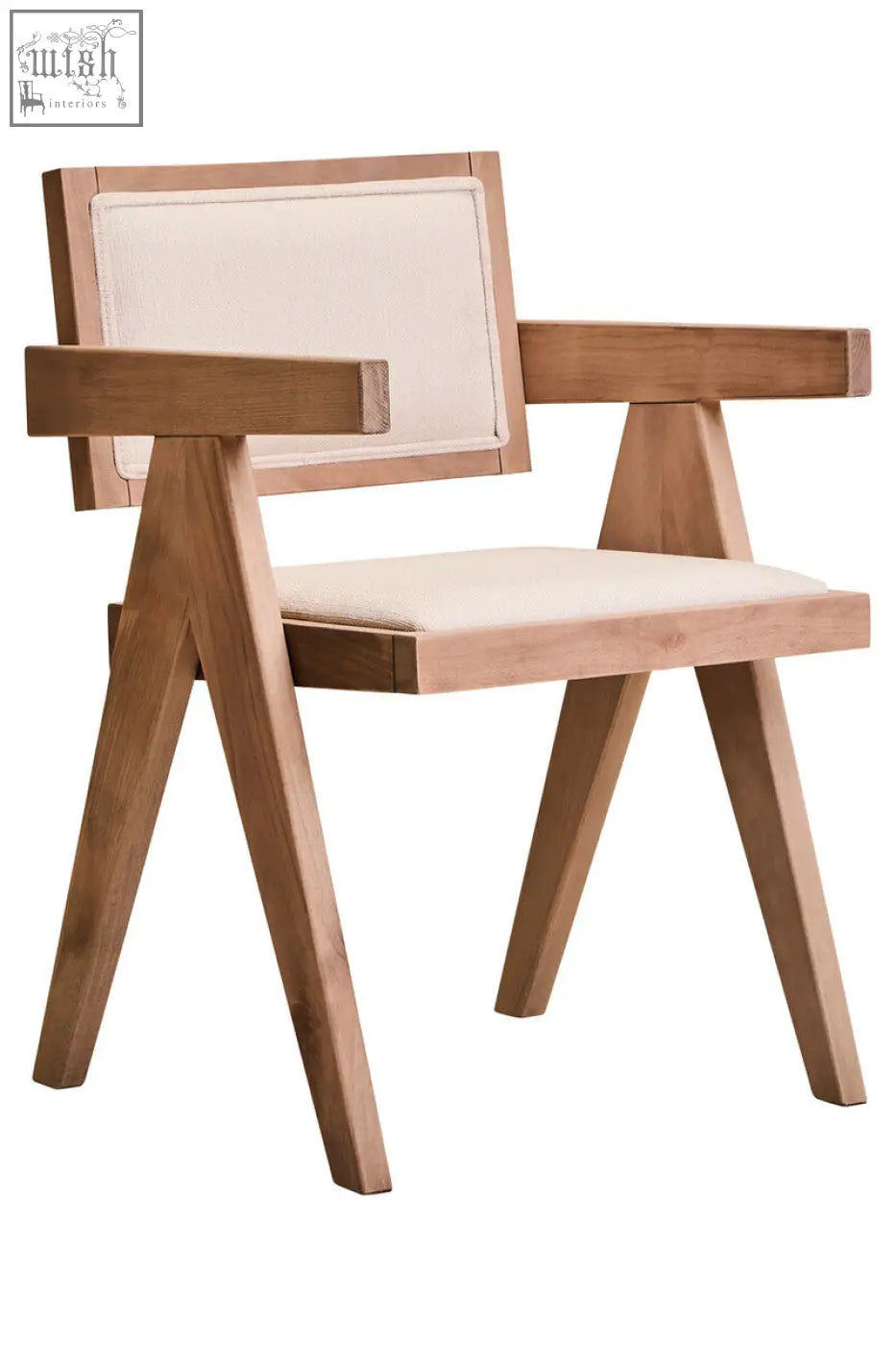 Light wood cebu ivory fabric dining chair with grey wash beech wood frame and beige seat and back panel