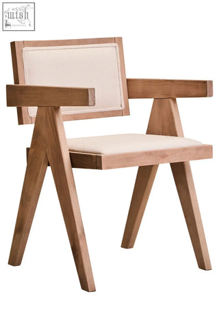 Light wood cebu ivory fabric dining chair with grey wash beech wood frame and beige seat and back panel