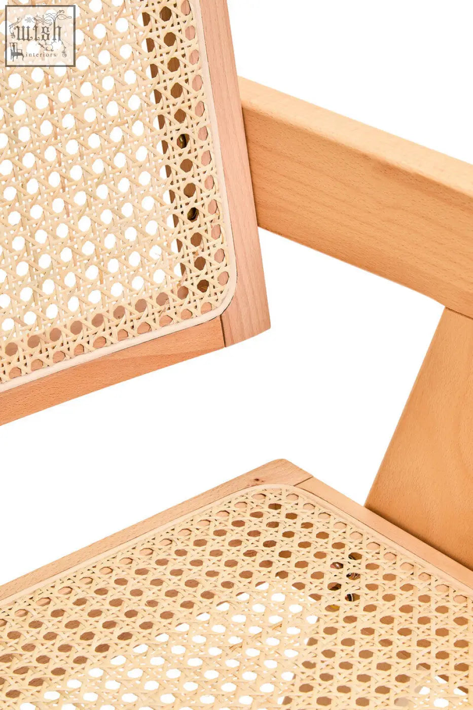 Light-colored wooden frame dining chair with woven natural cane seat and backrest cebu natural cane style