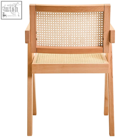 Light wood cebu natural cane dining chair with woven back and seat and armrests for stylish comfort