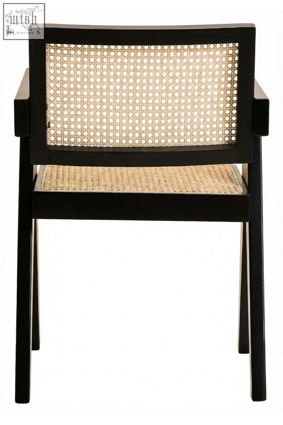 Black-framed cebu natural cane armchair with woven natural cane back and seat perfect for dining rooms