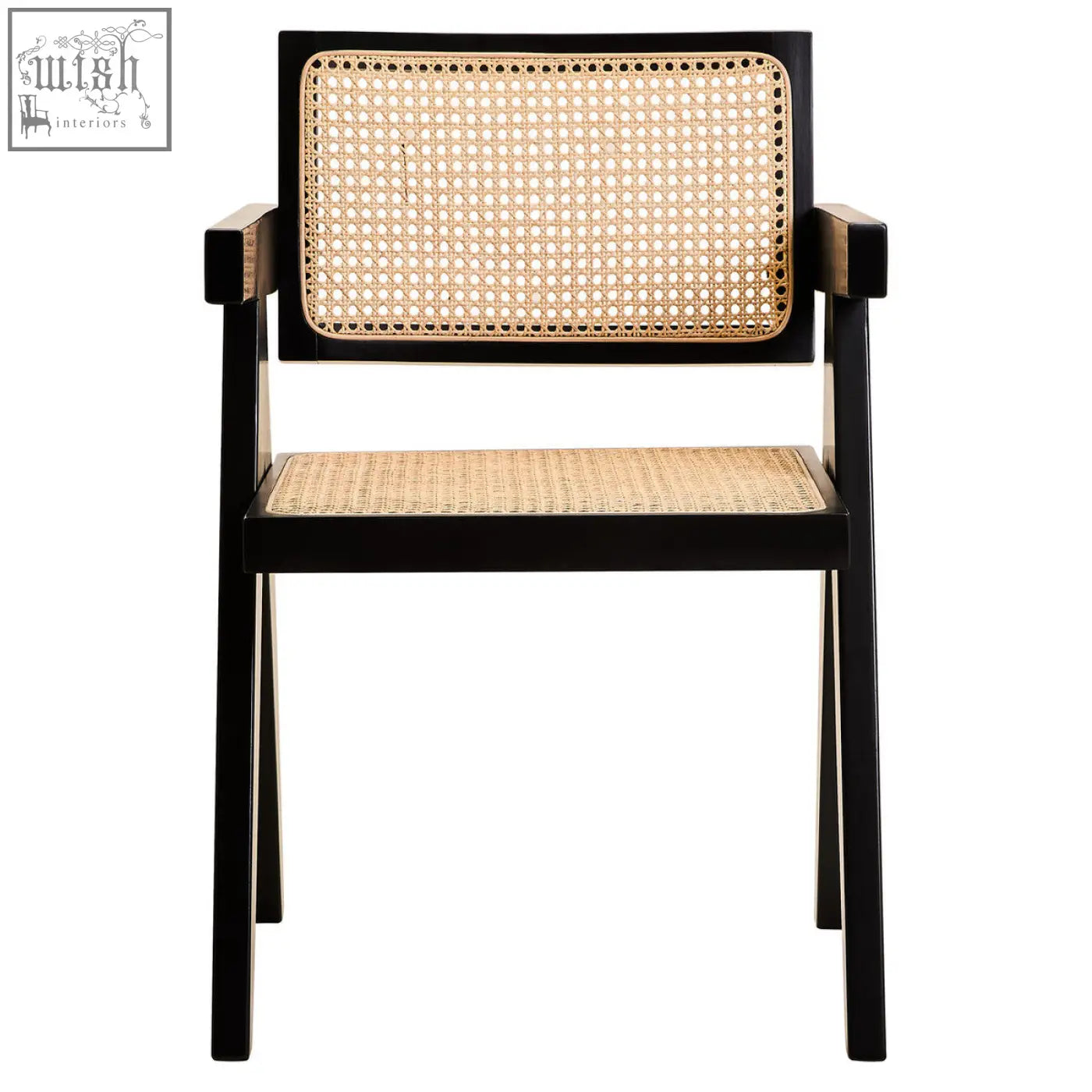 Black-framed cebu natural cane dining chair with woven natural cane back and seat in black beech wood