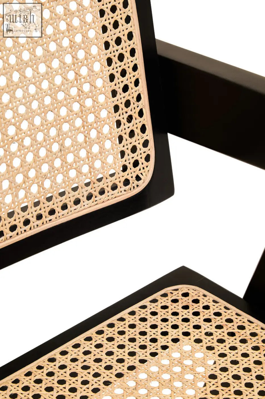 Black-framed cebu natural cane dining chair with woven light beige natural cane seat and black beech wood frame