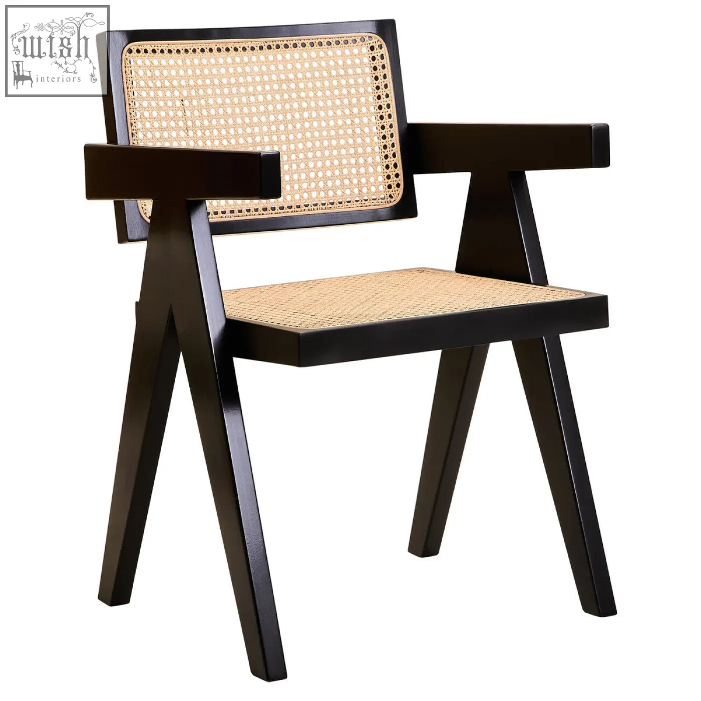 Black wooden armchair with woven natural cane back and seat from cebu natural cane dining chair collection