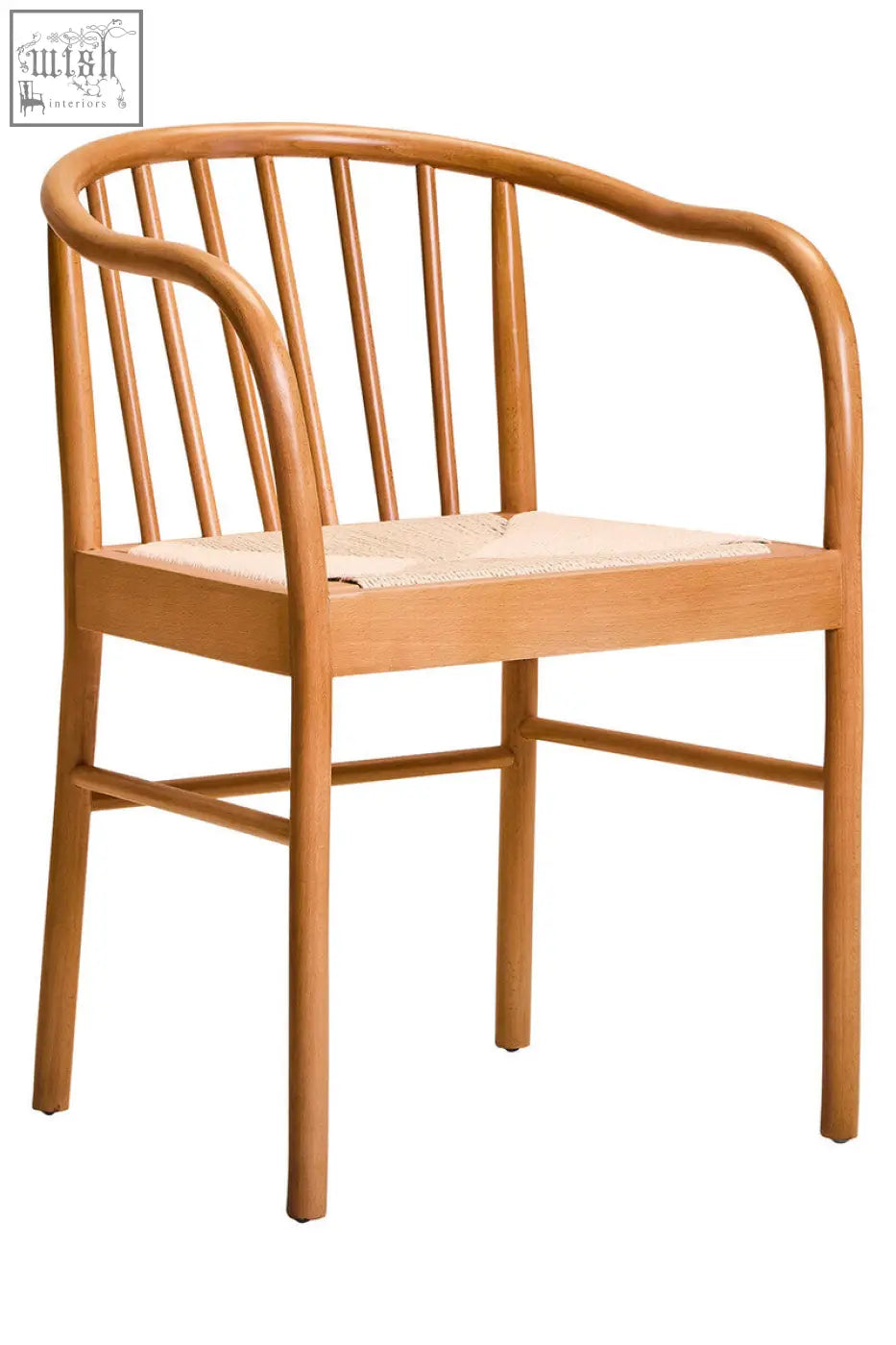 Light oak cebu natural dining armchair with curved beech wood backrest and woven beige seat cushion