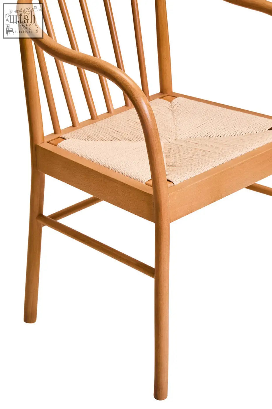 Light wood cebu natural dining armchair with beech wood frame and woven natural fiber seat and slender spindles