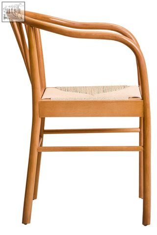 Light brown cebu natural dining armchair with beech wood frame and woven beige rope seat and curved backrest