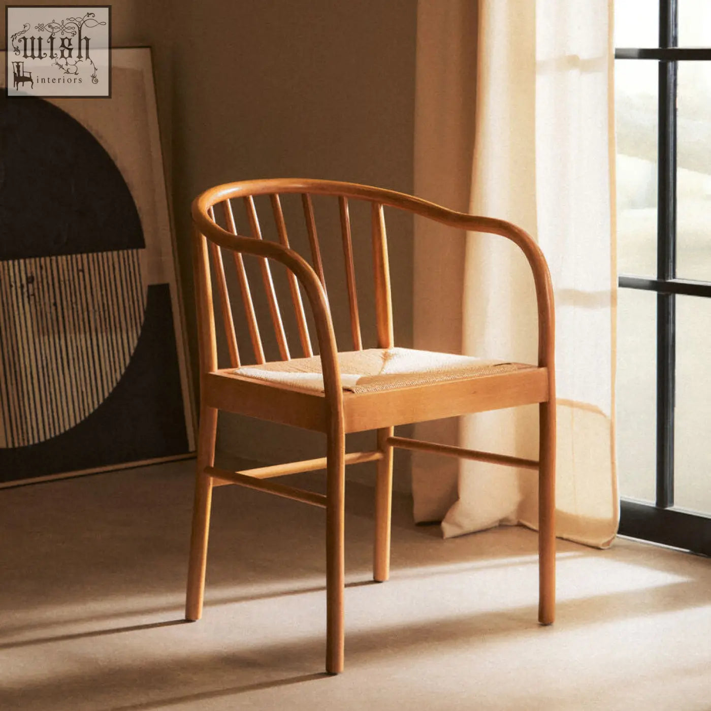Light brown cebu natural dining chair with woven natural rope seat and curved beech wood backrest