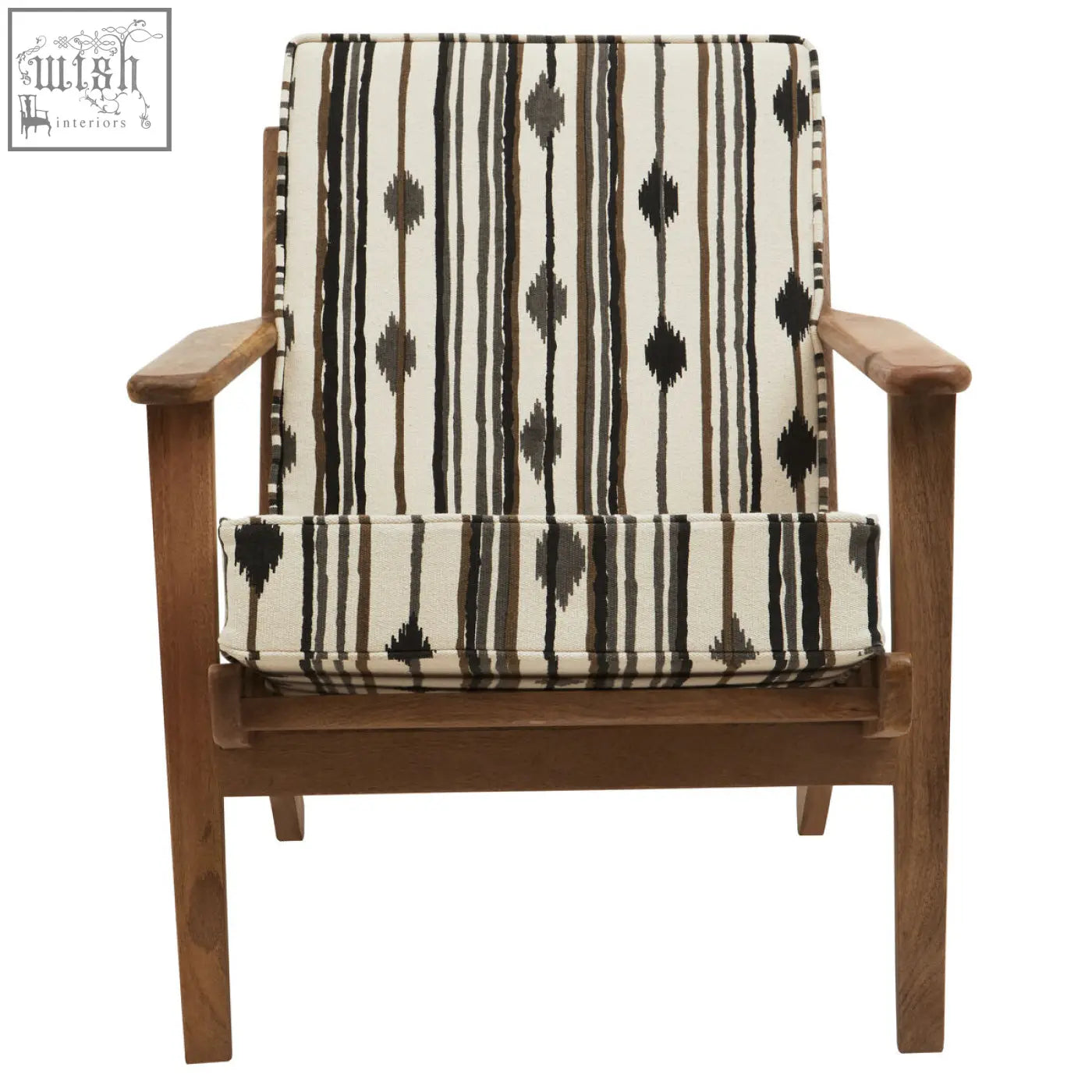 Cefena armchair with angular arms features a wooden frame and cream black brown striped upholstery with white weave accents