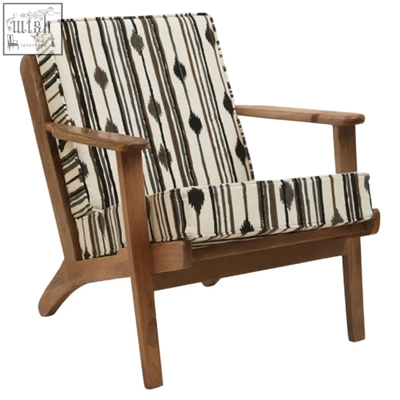 Cefena armchair with angular arms features a light wood frame and black-and-white ikat patterned surface upholstery