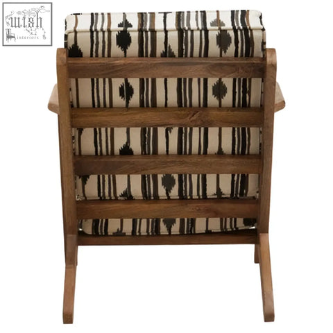 Wooden cefena armchair with angular arms and white weave striped fabric featuring black white and beige patterns