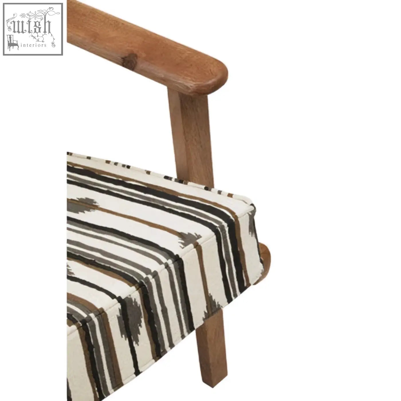 Wooden cefena armchair with angular arms and a bold black and cream striped cushion in white weave style